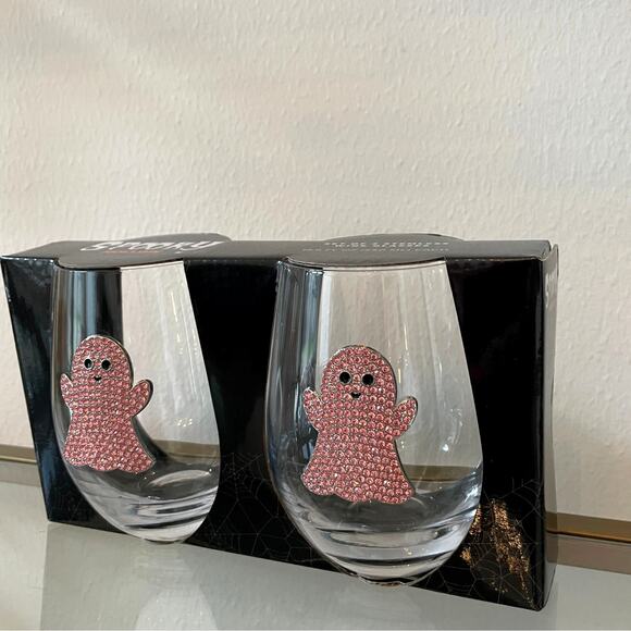 2pc Halloween GHOST Pink Crystal Rhinestone Stemless Wine Glass Set New - Picture 2 of 10